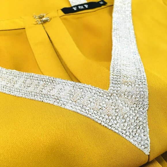 F & P Paris Marigold Satin Bejeweled Dress Sz M Open Flowing Back Panels - Picture 8 of 10